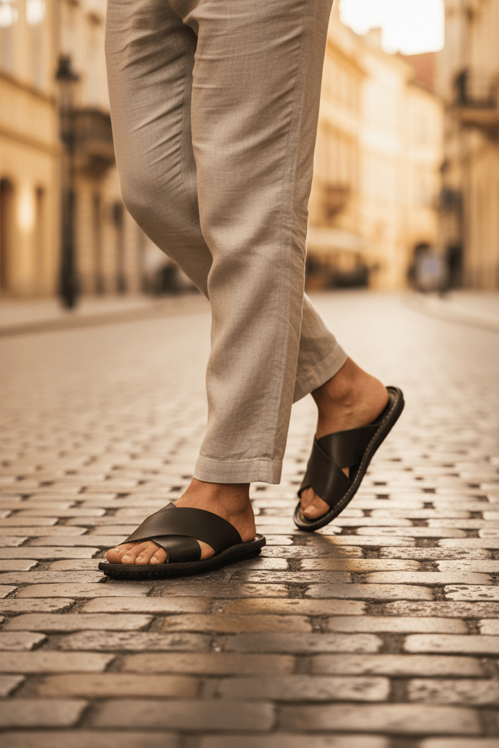 HAP tmavě hnědé pantofle – lifestyle foto, středoevropské město